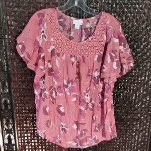 Liz Claiborne Rose-Pink Floral Crochet Yoke Flutter Sleeve Blouse XL Lightweight